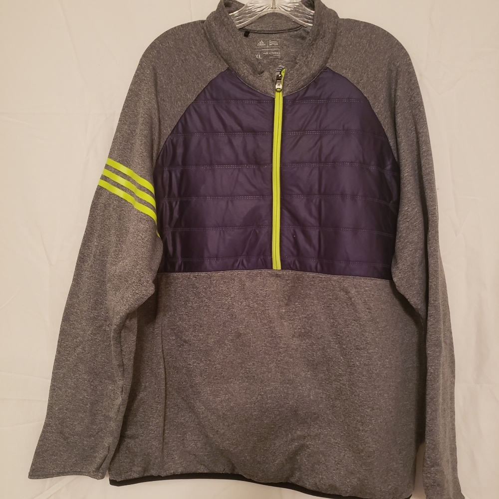 Adidas Golf Climaheat Half Zip XL, Heather gray, purple, and neon yellow